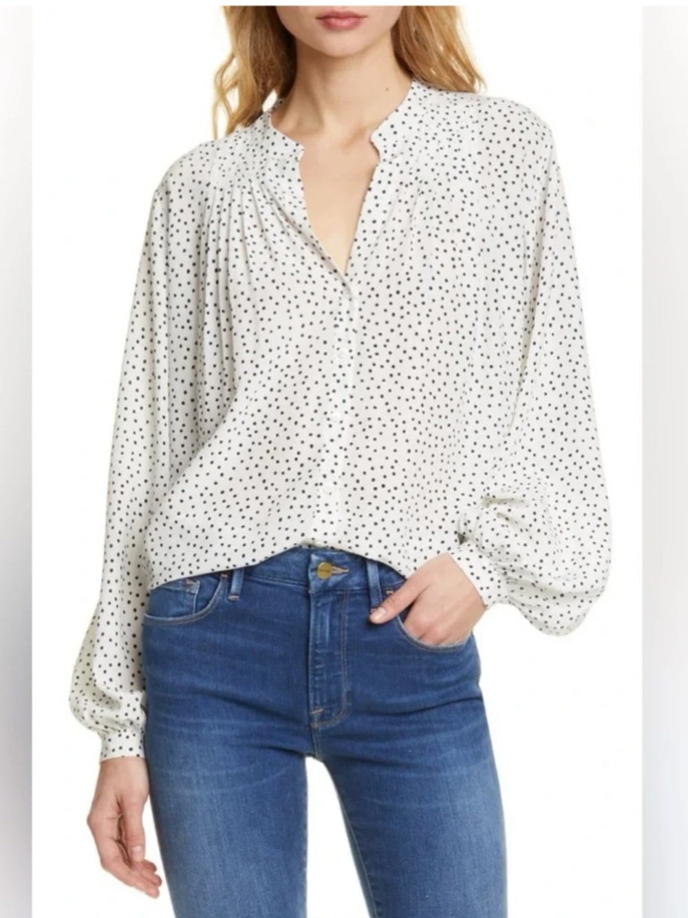 FRAME Gillian Off-White Polka Dot Silk Blouse XL $378